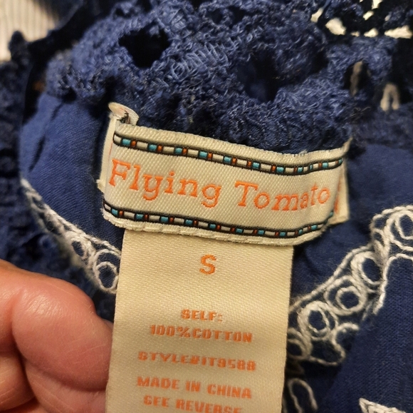 Flying Tomato Dark Blue Blouse with White Embroidery Small - Picture 2 of 4